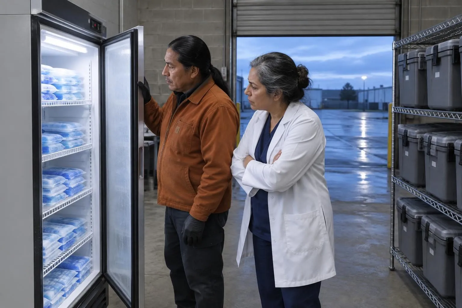 A courier owner opens a freezer of gel packs while a lab director studies it, beside a rack of matching coolers in a depot bay at dawn.